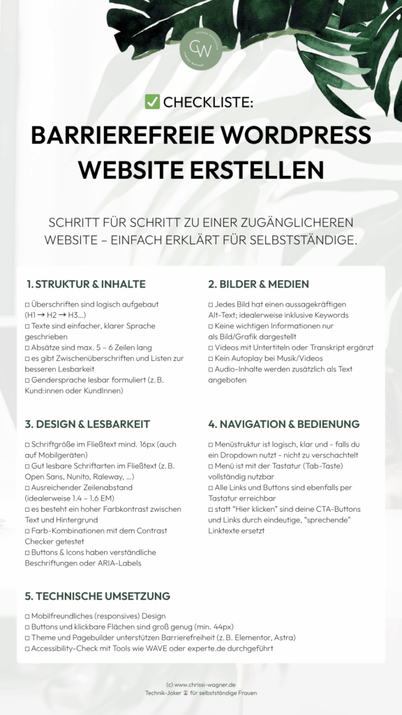 Deine barrierefreie WordPress Website: Schritt für Schritt erklärt mit Tools, Tipps & persönlicher Erfahrung von einer Technik-VA Chrissi Wagner.