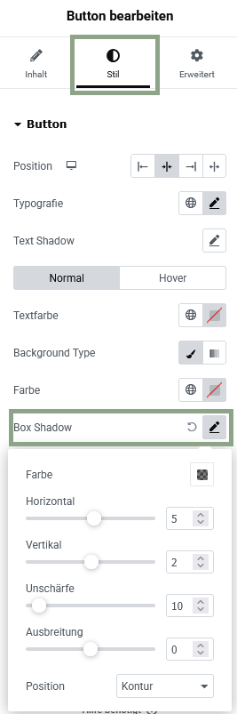 Box Schatten einstellen in Elementor