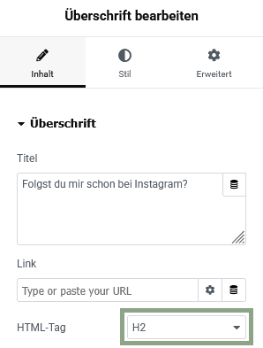 Überschriften-Tag in Elementor festlegen