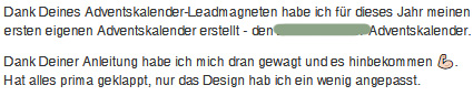 Adventskalender-ActiveCampaign-Setup: Testimonial von Claudia W.